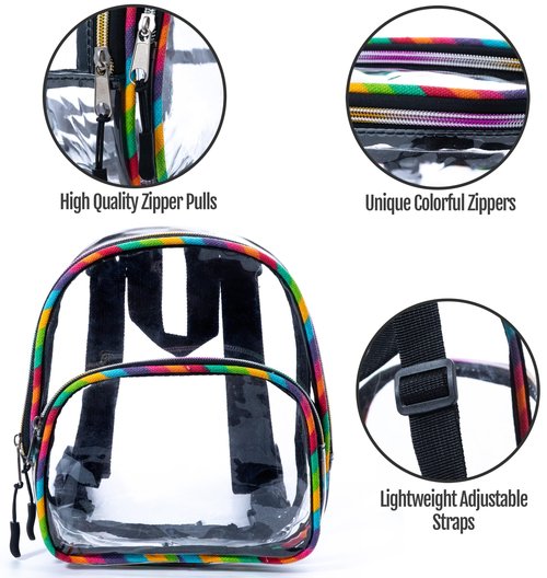 Clear Small Mini Backpack for Stadium Events, Concerts, Festivals, Stadium Approved, Size 9"H x 7"L x 3.5"W, Rainbow Canvas, Colorful Zippers, Adjustable Straps, 2 Compartments, Carrying Handle
