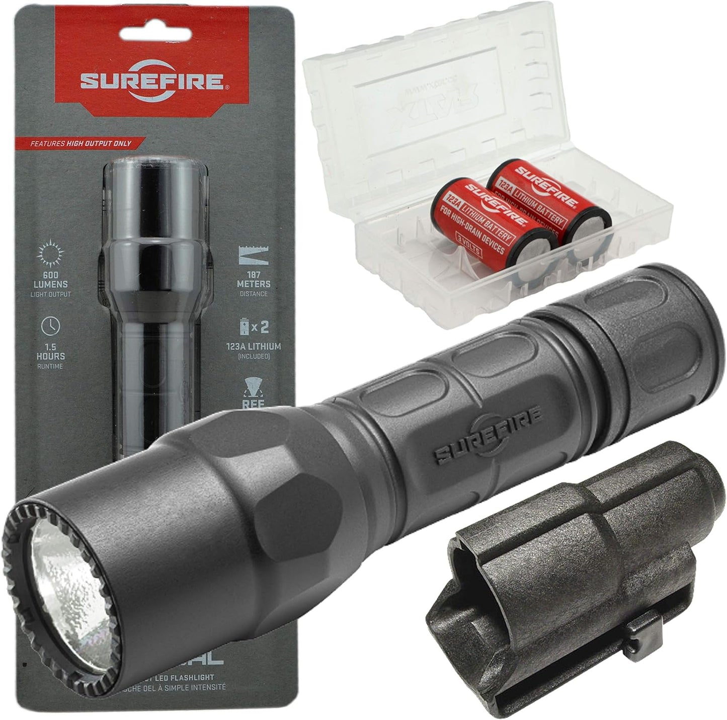 Surefire G2X Tactical Single-Output LED 600 Lumens Bundle with V70 Speed Holster, 2 Extra Surefire CR123A Batteries and Lightjunction Battery Case