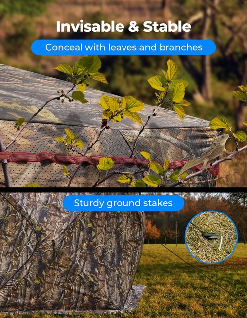 KEMIMOTO Hunting Blinds Ground for Turkey 3-4 Person, 270 Degree See Through with Removable Waterproof Rain Cover and Camouflage Straps, Pop Up Hunting Tent with Safety Reminder Markings (9ft Size)