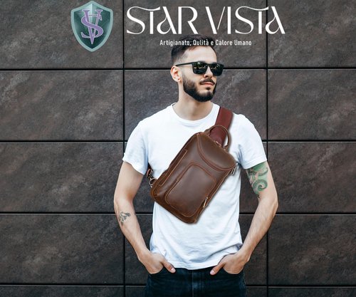 STAR VISTA Triton Vintage Full Grain Leather Sling Bag, Crossbody Chest Daypack, Multi Pockets Backpack, Casual Outdoor Hiking Rucksack, YKK Zippers