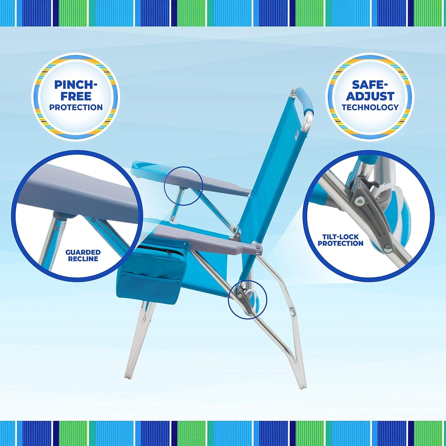 Rio Brands 17" Extended Height 4-Position Folding Beach, Camping, Lawn Chair, Blue/White/Green