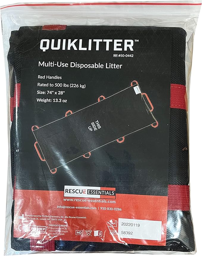 Rescue Essentials Brand Public Access QuikLitter, Red Nylon Handles, Non-Woven Fabric, 500 Lb Rated, Low Cost, Disposable for Patient Transfer, Casualty Evacuation