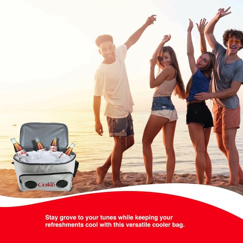 Diet Coke Cooler Bag with Built-In Bluetooth Stereo Speakers, Multi-Zipped Pockets, 24 Can Capacity, Adjustable Shoulder Strap, 12 Hours of Insulated Cooling and Freshness, for Camping, Fishing, Beach