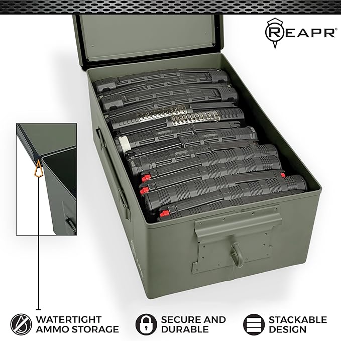 Reapr Steel Ammo Can, Heavy Duty Locking Metal Ammo Storage Box, Airtight and Watertight 30 Cal or 50 Cal Case for Rifle, Shotgun, Pistol, Military Footlocker Style Tool and Gear Organizer
