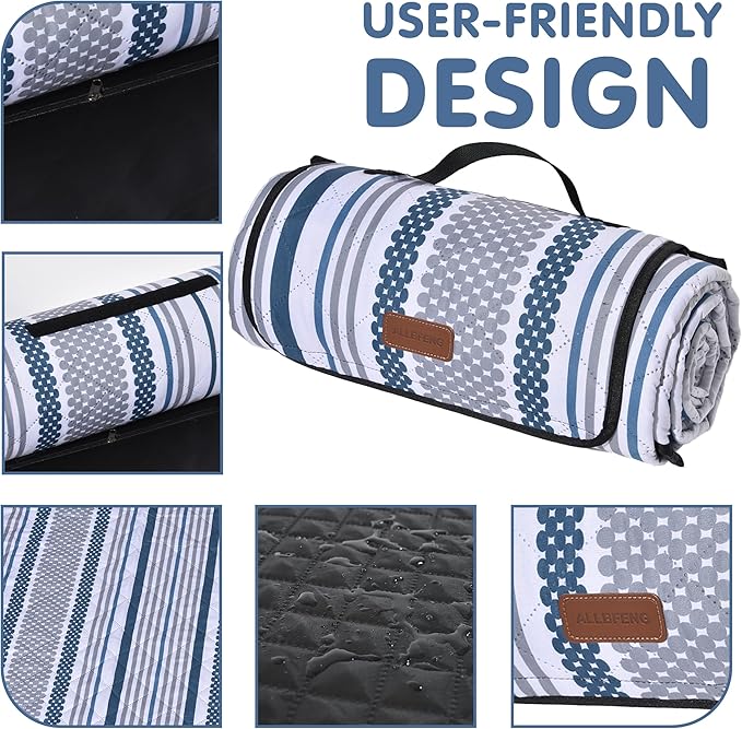 Oversized Waterproof Picnic Mat, Suitable for Camping, Outdoor, Beach, Party and Concert. (Dark Blue & Gray, 80" * 80")