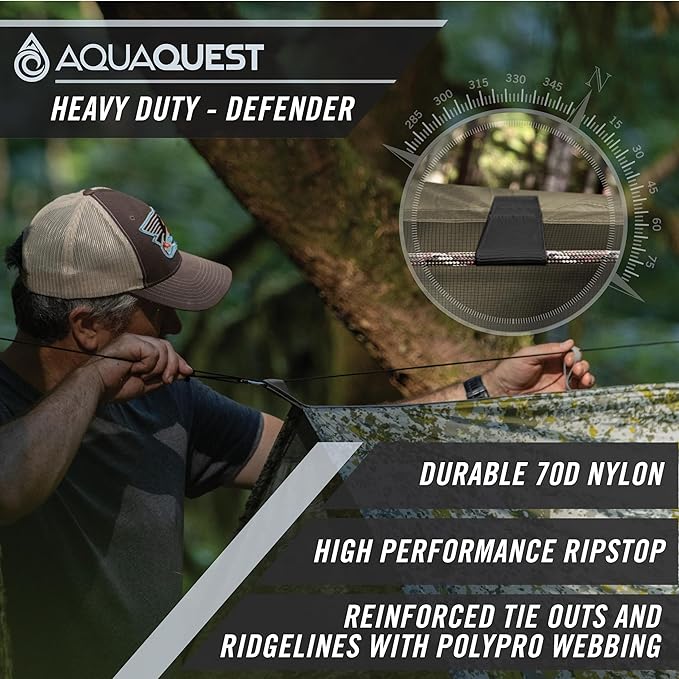 AquaQuest Defender Camping Tarp - Heavy Duty Tent Shelter or Rain Fly - Waterproof Camping Essentials for Hiking, Bushcraft & Hammock, 15 x 15 ft, Forester Green