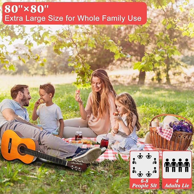 HX&OD Outdoor Picnic Blanket, Extra Large, 80''x80'' Waterproof Foldable Blankets Gingham Picnic Mat for Beach, Camping Grass Lawn Park Accessories Cute Couple Ideas Wedding (Red, 80”x80”)