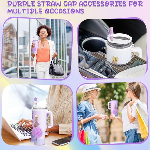 XLSXEXCL 14 Pcs Purple Cup Accessories Set for Stany,Including Water Bottle Handle Strap,Spill Stopper,Silicone Boot,Chapstick Holder,Charms for Stany,3 Pcs Silicone Straw Cover for Stany Cup