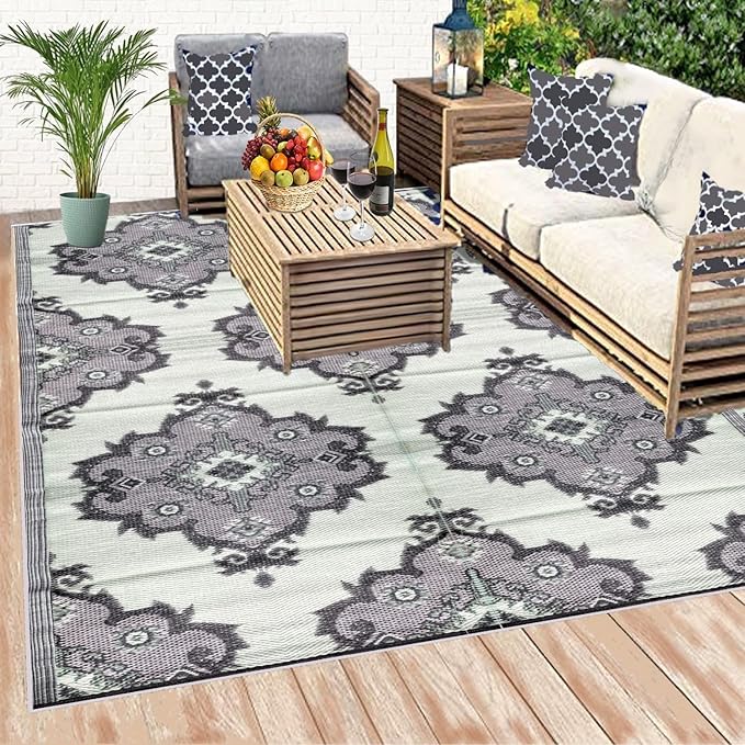 BalajeesUSA Recycled Outdoor Plastic Patio Rugs – 6x9, Grey, Green, Black, Premium and Affordable Multipurpose Woven Plastic Straw All-Weather and Waterproof, Reversible Camper Mats Outside