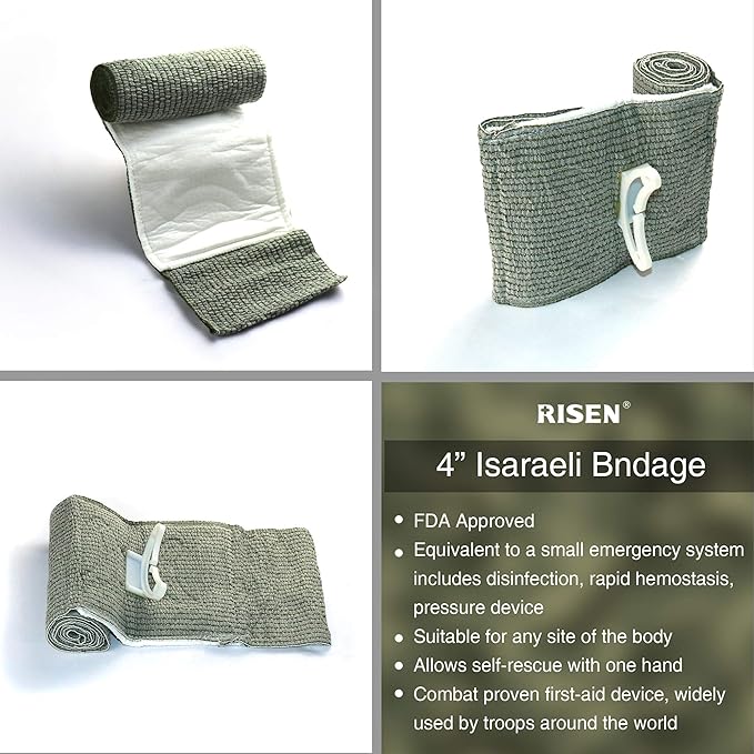 RISEN Israeli Bandage Vacuum Sterile Compression Bandages for First Aid Emergency Battle Wound Dressing Self-Rescue, 4 Inch, 2 Pack