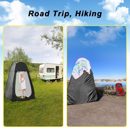 Portable Camping Bathroom Shower Tent Kit, Outdoor Pop Up Privacy Changing Tent with 5 Gallon Shower Bag-(Nozzle Upgraded)(Black)