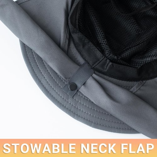 PFFY Sun Bucket Hats for Men Women 3” Wide Brim UPF 50+ Fishing & Beach Hat Darkgray (with Neck Flap)
