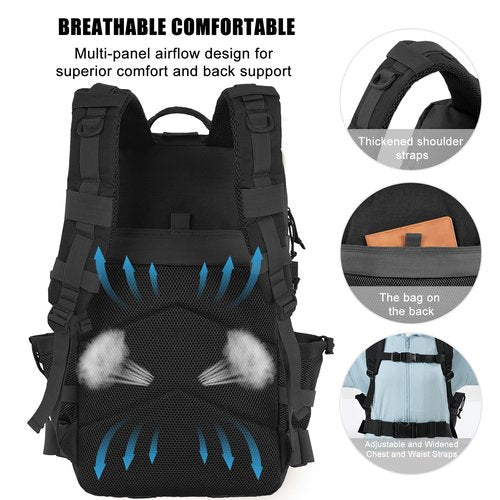 kookoomia 50L Military Tactical Backpack Large Day Backpack for Men Molle Army 3 Days Assault Pack Bug Out Bag Water Resistant and Heavy Duty Hiking Treeking Rucksack - Black