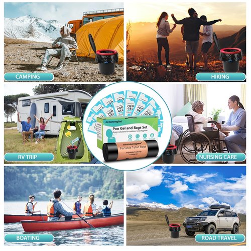 Portable Toilet Bags Poo Gel Set, 8 Gallon Camping Toilet Bag with Portable Absorbent Gel, Compostable Potty Bag for Camping Outdoor Hiking