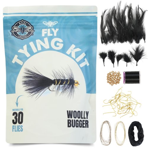 Complete Fly Tying Material Kit – Materials to Tie 30 Woolly Bugger Flies, Includes Marabou, Black Hackle Feathers & Chenille, Beginner-Friendly Fly Tie Supply Kit for Trout, Bass & Panfish