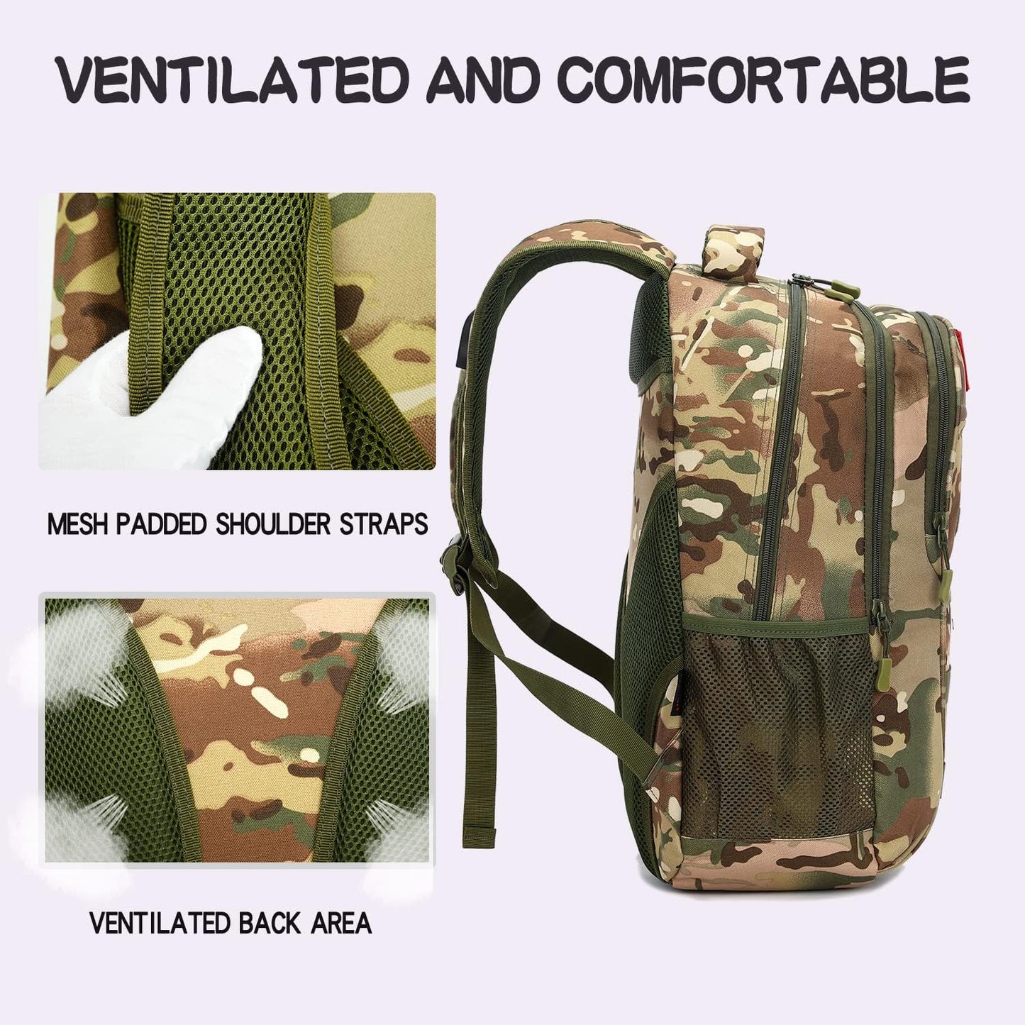 outdoor plus Camo Backpack,Military Boys Backpacks for School,40L Army Bookbag with USB Charging Port Waterproof