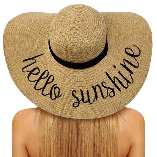 Senker Fashion Floppy Beach Hats for Women Straw Sun Hat Foldable Wide Brim Embroidered Roll up Summer Vacation Travel Khaki