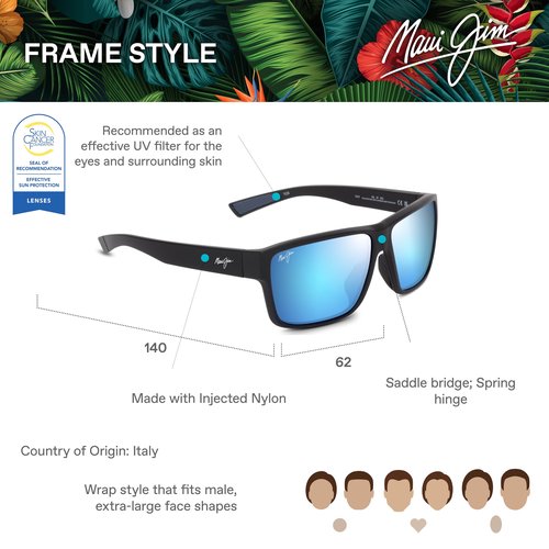 Maui Jim Men's Uila AF Rectangle Sunglasses, Matte Black/Blue Hawaii Polarized, Extra Large