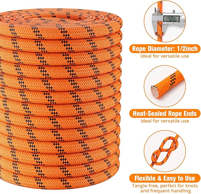 Double Braided Arborist Rigging Rope - 1/2 in X 120 ft 48 Strands Outdoor Pulling Heavy Duty Polyester Bull Rope for Swing Tree Work Camping Rescue Hiking Logging - Orange