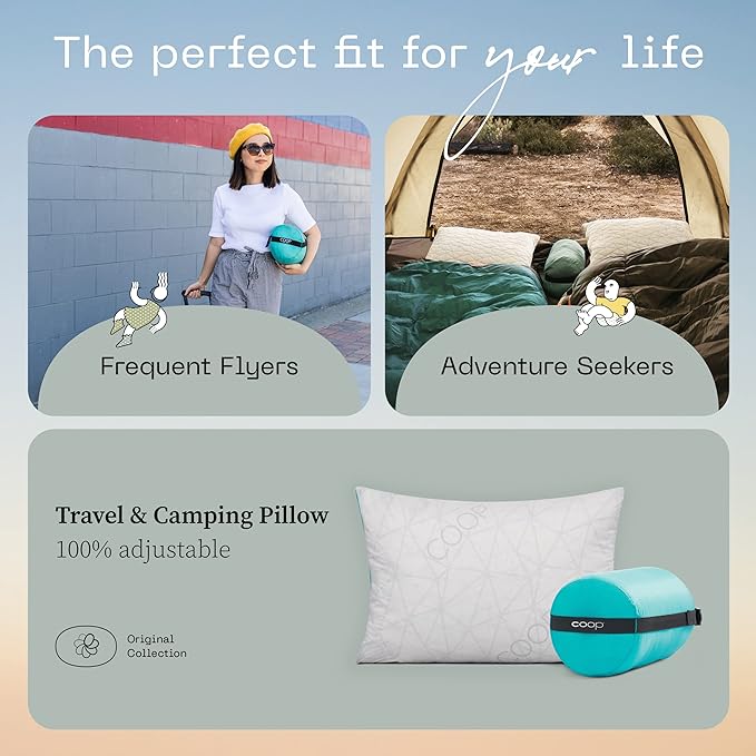Coop Home Goods Original Adjustable Travel Pillow and Waterproof Pillow Protector Grey Bundle with Compressible Stuff Sack, Medium-Firm Memory Foam and Washable Cover, CertiPUR-US Certified (19x13)