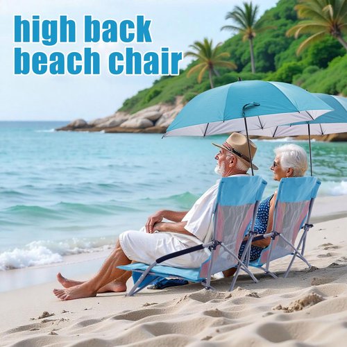 Folding Beach Chair with Umbrella for Adults, 2 Pack Portable Low Beach Chairs with 300lbs Capacity, Lightweight Fodable Camping Chair for Travel, Picnic, Concert & Outdoor Activities, Blue-Pink