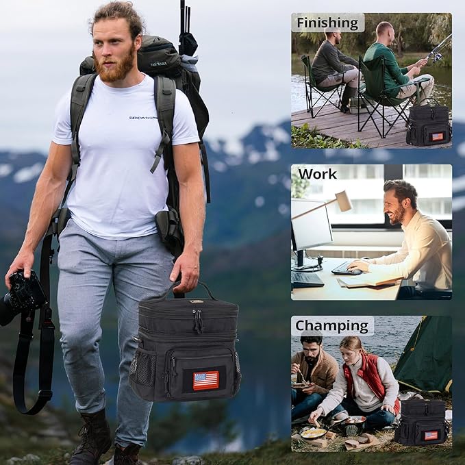 ATRIPACK Lunch Bag for Men, Double Deck Tactical Lunch Box Work with Shoulder Strap MOLLE Webbing Large Lunch Cooler Leakproof Insulated （Black）
