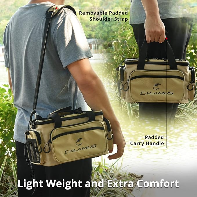 Calamus Fishing Tackle Bags - Fishing Bags for Saltwater or Freshwater Fishing - Rip-Stop PE - Padded Shoulder Strap - Pliers Storage -Khaki
