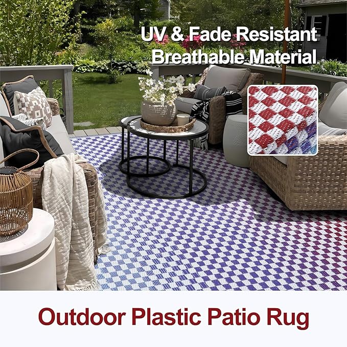 Wonnitar 8x10 Waterproof Outdoor Rug - Blue Purple Ombre Checkered Patio Rugs, Lightweight Reversible Mat for Deck Porch RV Picnic, Large Camping Carpet with Colorful Grid Design