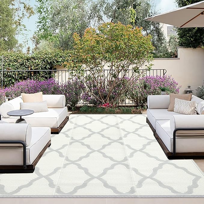 OutdoorLines Outdoor Plastic Area Rugs for Patio 6x9 ft - Reversible Outside Carpet, Stain & UV Resistant RV Mats, Straw Rug for Camping, Deck Garden, Porch and Balcony, Moroccan/Beige & Light Grey