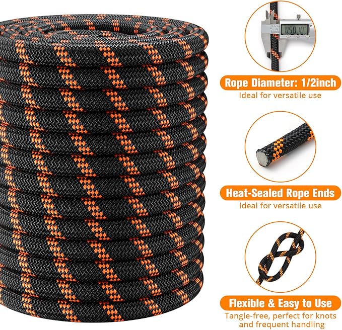 Double Braided Arborist Rigging Rope - 1/2 in X 150 ft 48 Strands Outdoor Pulling Heavy Duty Polyester Bull Rope for Swing Tree Work Camping Rescue Hiking - Black