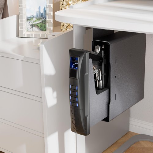 MAXSafes Biometric Slider Handgun Safe for Desk, Nightstand, Travel Silent Mode, Auto Sliding Door Hand Gun Safe for Finger Vein Recognition PIN Code Key Access CA DOJ Certified
