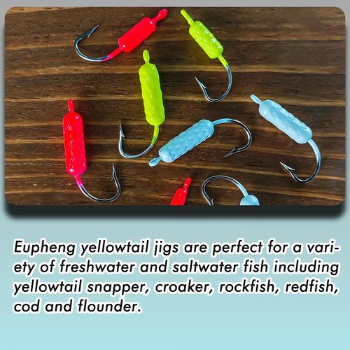 Eupheng UV Glow in Dark Yellowtail Snapper Jigs, 15PCS 1/4oz, 1/8oz, 1/16oz Weighted Jig Head with Stainless Steel Hook Yellowtail jig Hook for Saltwater and Freshwater Fishing