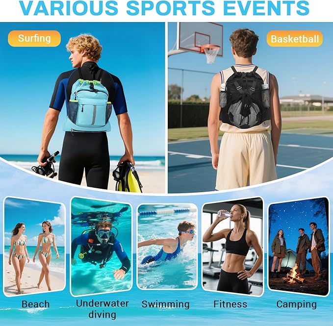 Drawstring Backpack, Waterproof Sandproof Beach Backpack for Sport Gear Small Gym Bag with Hidden Ball Net Pocket and Seperated Wet Pocket Draw String Back Bag for Women Men, Black