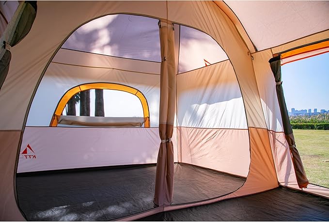 KTT Large Family Cabin Tent 10-12 Person,14.1X10X6.58ft,2 Rooms,3 Storage Pockets,2 Bay-Windows 3 Doors and 3 Windows with Mesh,Straight Wall,Waterproof,Double Layer,Big Tent for Outdoor,Camping