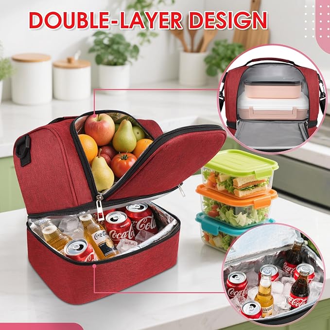 Lunch Box Lunch Bag for Women Men Reusable Insulated Lunch Bag Women Lunch Cooler Tote Bags with Adjustable Shoulder Strap for Office Work Picnic Travel, Wine Red