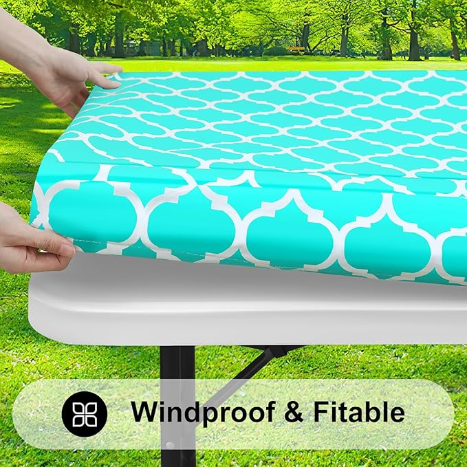 Smiry Rectangle Picnic Table Cover, Waterproof Elastic Fitted Camping Tablecloths for 4 Foot Tables, Wipeable Flannel Backed Vinyl Tablecloth Protector for Indoor, Outdoor (Teal, 30x48 Inches)