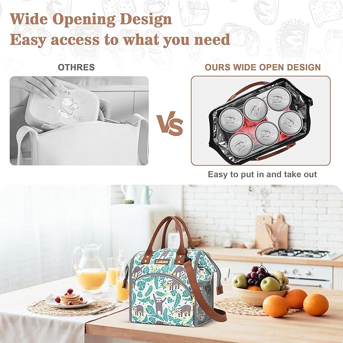 LOKASS Lunch Bag Insulated Lunch Box Wide-Open Lunch Tote Bag Large Drinks Holder Durable Nylon Snacks Organizer with Removable Shoulder Strap for Women Men Adults Work Outdoor,Sloth