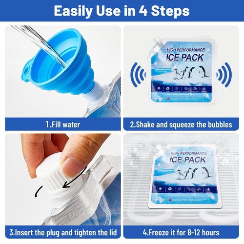 Omoojee Reusable Ice Packs for Cooler, 4 Pack Freezer Ice Packs for Lunch Boxes, Cooler Ice Packs for Camping Gear, Fishing, Medium