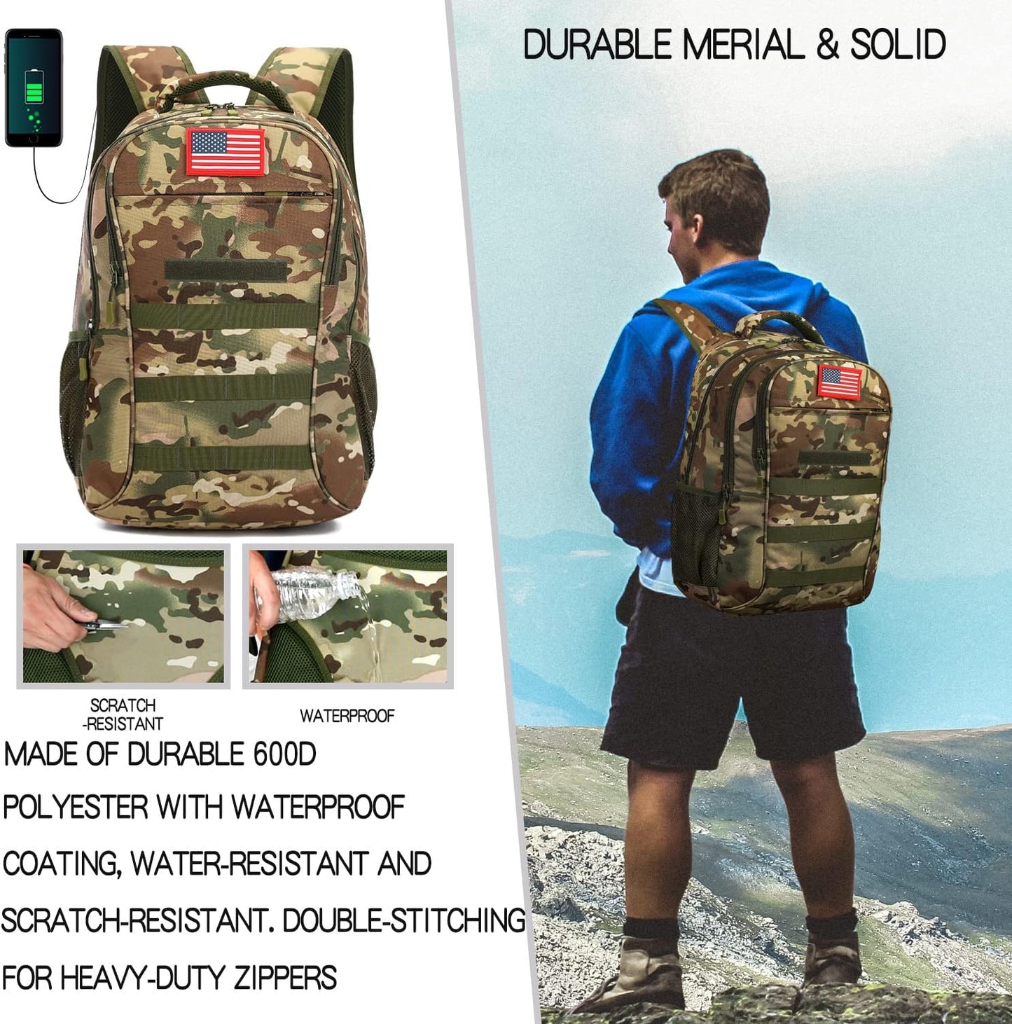 outdoor plus Camo Backpack,Military Boys Backpacks for School,40L Army Bookbag with USB Charging Port Waterproof