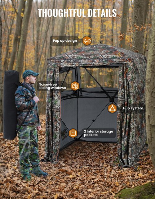 Sportneer Hunting Blind 270 Degree See Through Ground Blind with Silent Sliding Door & Windows for Deer Hunting, 2-3 Person Pop Up Ground Blind for Turkey and Deer with Carrying Bag