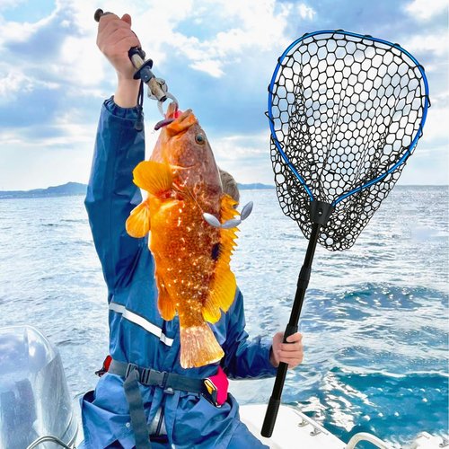 SEASPRO Telescoping Metal Lock Fishing Net Blue Aluminum Alloy Rubber Fish Net - Adjustable Length Lightweight Foldable Large Fishing Net with Handle Collapsible Extendable Fishing Accessories