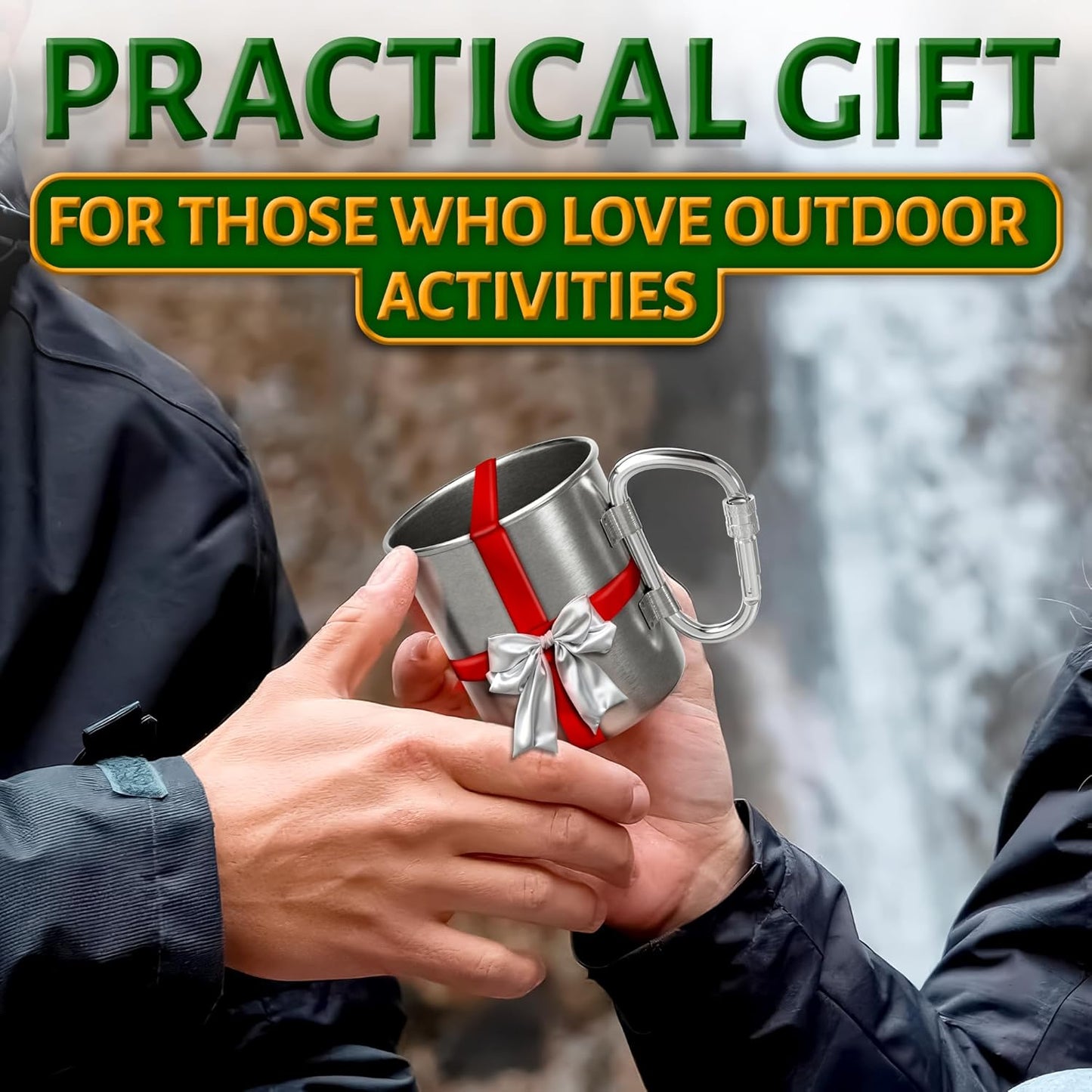 Stainless Steel Mug with Handle - Coffee Camping Mug with Carabiner Handle Portable Backpack Outdoor Cup Lightweight Camping Gear for Men - 13.5Oz Backpacking Coffee Cup Hiking Gift Climbing Mug