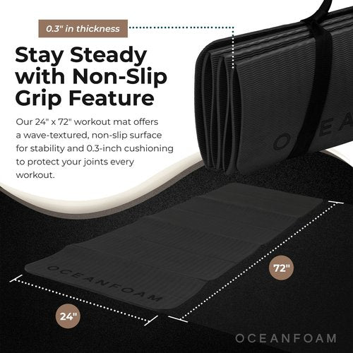 Oceanfoam Travel Workout Mat – 0.3" Thick Folding Exercise Mat for Yoga, Pilates, & Fitness – Non-Slip with Cotton Carrying Strap, Made with Sustainable Algae Foam – 24" x 72" (Charcoal)