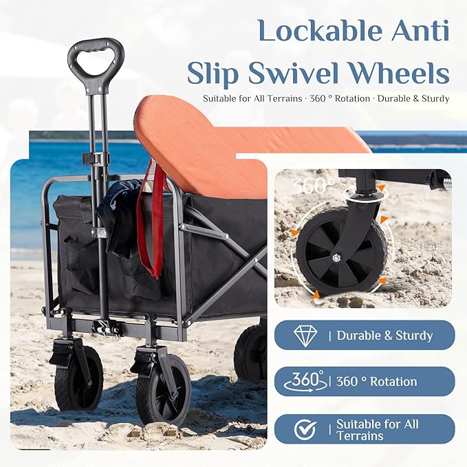 DUMOS Foldable Wagons Carts with All-Terrain Wheels, 170L & 400LBS Portable Wagon Large Capacity Utility Cart with Drink Holders, Heavy Duty Collapsible for Sand, Beach, Gardening (35IN Black)