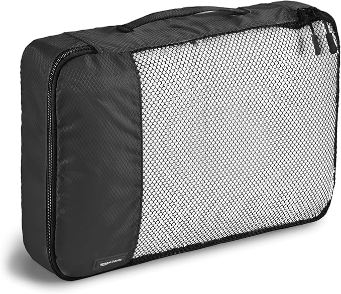 Amazon Basics Lightweight Packing Cubes Travel Organizer Set with Double Zipper, Mesh Top, Small, Medium, Large, Slim, Black, 4 Piece