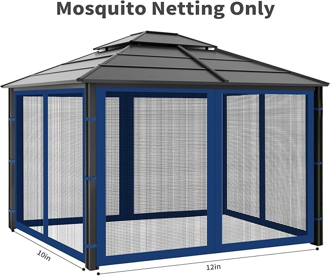 Gazebo Replacement Mosquito Netting Outdoor Universal Gazebo Canopy 4-Panels Screen Sidewalls with Zipper for Patio Garden (Navy Blue, 10x12)
