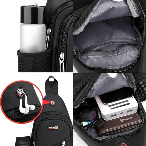 Travel Lightweight Sling Bags Bottle Holder Earphone Hole, Adjustable Nylon Crossbody Shoulder Backpack, Water Resistant (Gray)