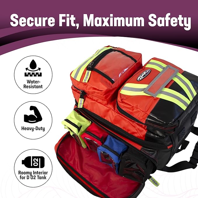 Kemp USA Heavy-Duty EMT Bag, Made with Fluid-Resistant Tarpaulin Material - Emergency Survival Kit with Room for D O2 Tank - Medical Backpack with Multiple Handles