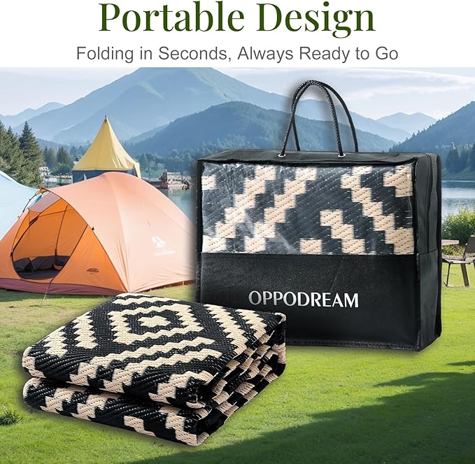 OPPODREAM Outdoor Rug 9x12 Patio Waterproof, Large Outdoor Plastic Straw Rug, Reversible Out Door Carpet Camping Essentials, Deck, Rv, 9 x 12 Area Carpet for Balcony, Porch, Backyard, Black & Beige