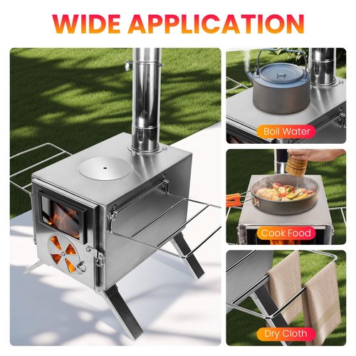 LAMA Stainless Steel Hot Tent Stove - Wood Burning Stove with 6 Chimney Pipes for Tents, Camping, Fishing & Hunting - Portable Outdoor Heating & Cooking, Silver